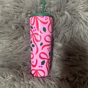 Pink Tumbler with Green Holiday Design